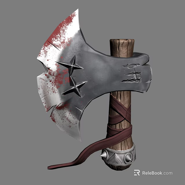 Medieval Battle Axe With Metal Head Star Decorations Bloodstains Wooden Handle Brown Straps Metal Base 3d model 