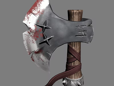 Medieval Battle Axe With Metal Head Star Decorations Bloodstains Wooden Handle Brown Straps Metal Base 3d model
