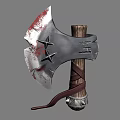 Medieval Battle Axe With Metal Head Star Decorations Bloodstains Wooden Handle Brown Straps Metal Base