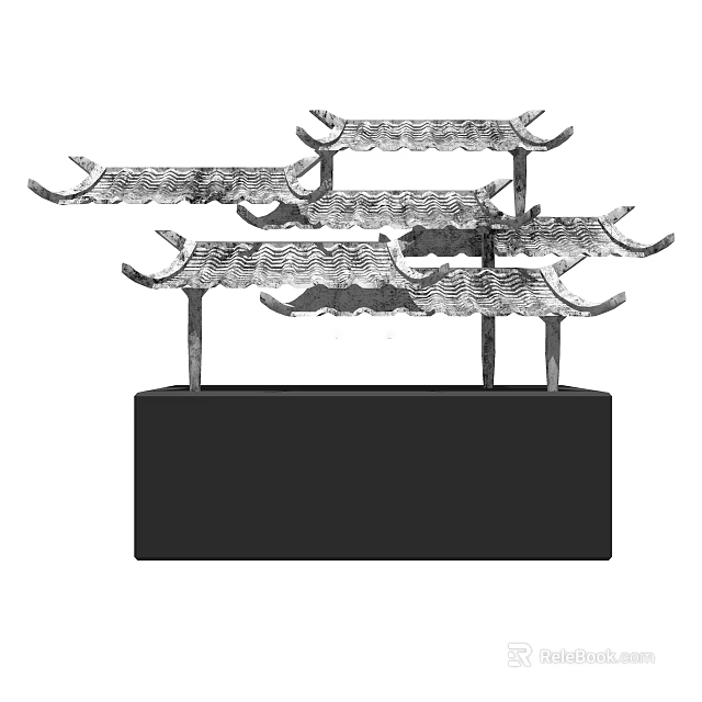 Elegant Chinese Style Ornament Decor Set With Layered Eave Design And Black Base 3d model