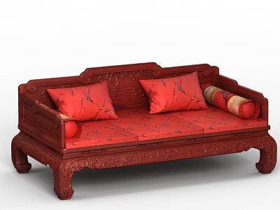 Elegant Traditional Mahogany Daybed With Carved Frame And Red Patterned Cushions 3d model
