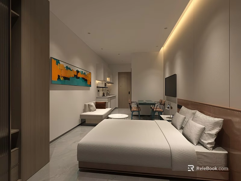 Modern Apartment Interior Design With Bed Sofa TV Wall Art And Lighting 3d model 
