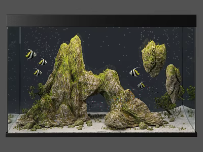 Aquarium Setup with Moss Covered Rocks Aquatic Plants and Swimming Fish 3d model