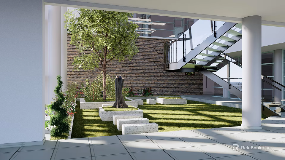 Modern Garden Landscape With Green Lawn Tree Stone Steps Brick Wall And Glass Staircase 3d model 