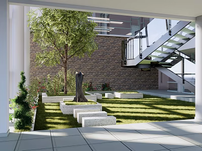 Modern Garden Landscape With Green Lawn Tree Stone Steps Brick Wall And Glass Staircase 3d model