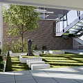 Modern Garden Landscape With Green Lawn Tree Stone Steps Brick Wall And Glass Staircase