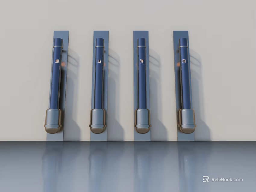 Four Blue Hinged Doors with Metal Handles on White Wall and Smooth Blue Floor Reflections 3d model 