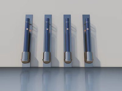 Four Blue Hinged Doors with Metal Handles on White Wall and Smooth Blue Floor Reflections 3d model
