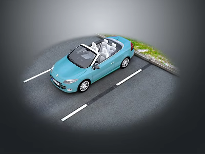 Blue Convertible Car Parked In Parking Space With Green Grass Nearby 3d model