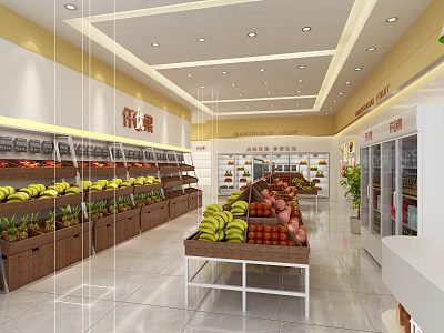 Fresh Fruit Store Interior With Organized Shelves And Fresh Banana Apple Orange Displays 3d model