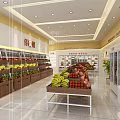 Fresh Fruit Store Interior With Organized Shelves And Fresh Banana Apple Orange Displays