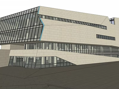 Modern Geometric Architectural Exterior Design With Glass Facade And Stone Walls 3d model