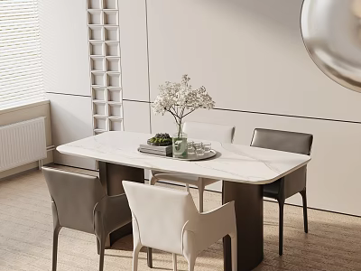 Modern Rectangular Dining Table Set With White Marble Top And Gray White Chairs 3d model