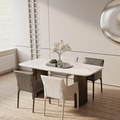Modern Rectangular Dining Table Set With White Marble Top And Gray White Chairs 3d model