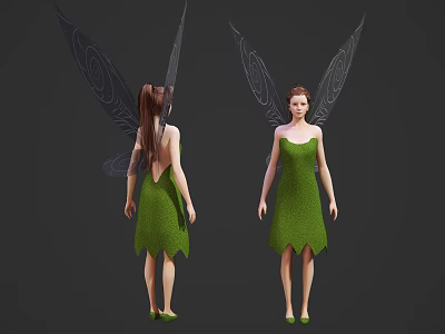 Game and Movie Character Female Fairy in Green Dress with Wings Front and Back Views 3d model