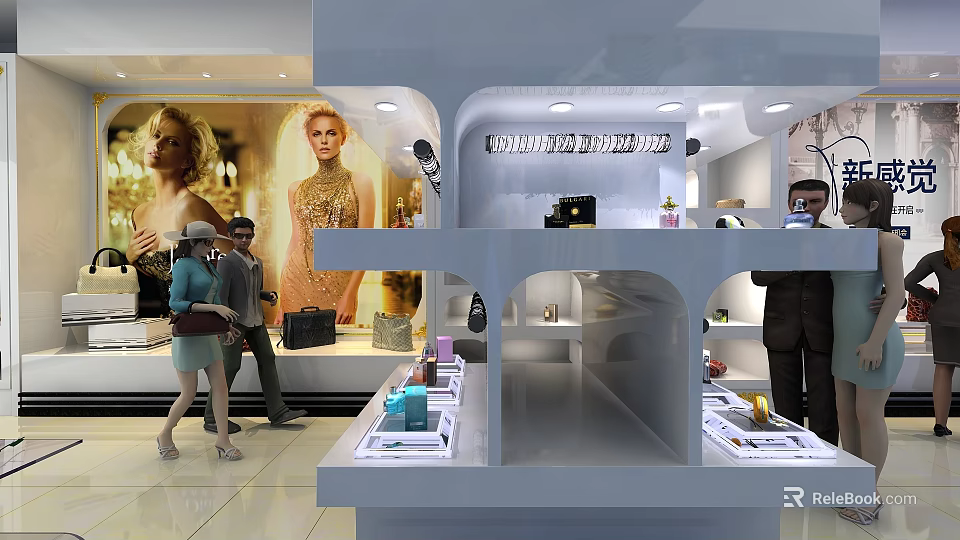 Elegant Chanel Fashion Store Interior Featuring Model Posters Display Counters And Accessories 3d model 