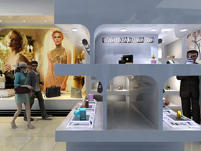 Elegant Chanel Fashion Store Interior Featuring Model Posters Display Counters And Accessories 3d model