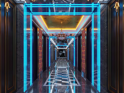 Luxurious KTV Corridor With Neon Lights Marble Floor And Chandeliers 3d model