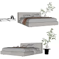 Modern Light Gray Double Bed with Bedding Pillows and Side Table Green Plant 3d model