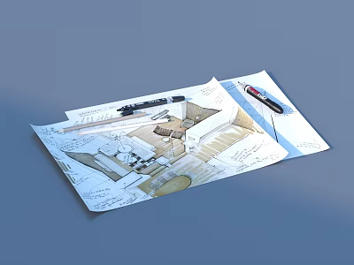 Architectural Design Sketches And Drawings With Pens On Blue Background 3d model