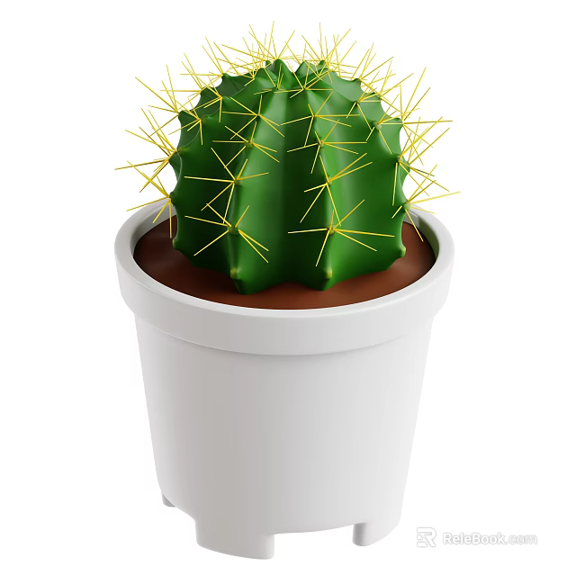 Green Cactus Plant With Yellow Thorns In White Pot And Brown Soil 3d model 