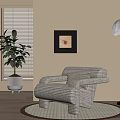 Comfortable Accent Chair in Beige Room with Window Blinds Potted Plant and Floor Lamp