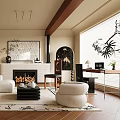Cozy Living Room Interior Design with Beige Sofa Fireplace Decorative Painting and Arched Doorway