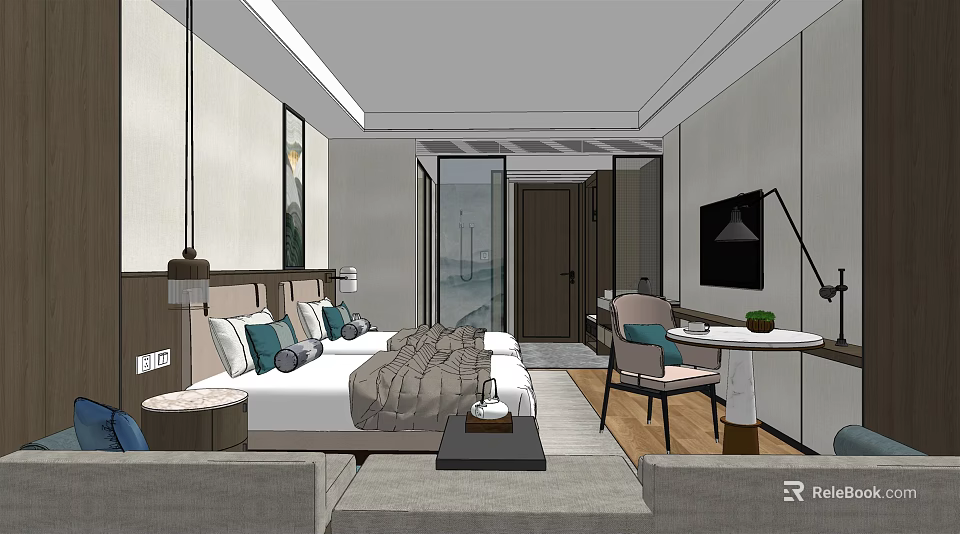 Modern Hotel Room Interior With Comfortable Bed Sofa TV And Large Window 3d model