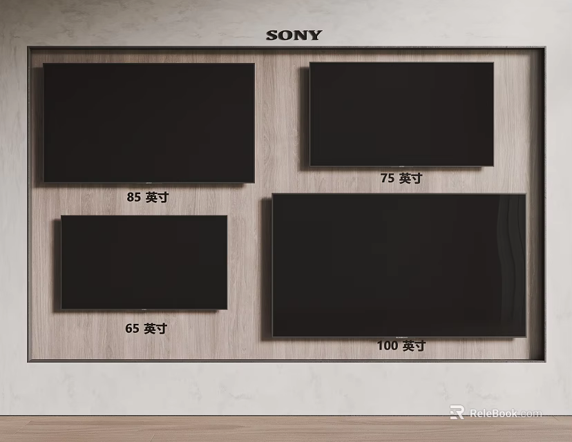Sony TVs Of Various Sizes Displayed On Wall 3d model