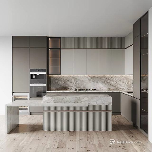 Modern Open Kitchen Interior With Marble Island Countertop Cabinets And Appliances 3d model 