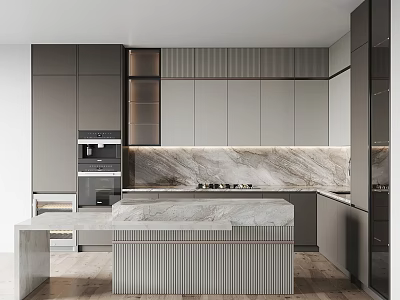 Modern Open Kitchen Interior With Marble Island Countertop Cabinets And Appliances 3d model