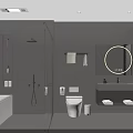 Modern Gray Bathroom Interior With Bathtub Shower Area Round Mirror And Vanity