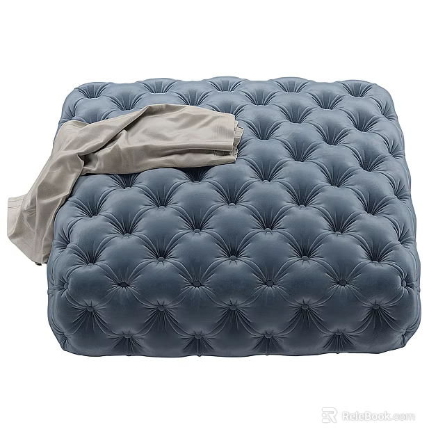 Blue Tufted Velvet Ottoman With Light Blanket For Comfortable Seating 3d model 