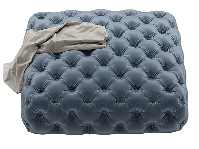Blue Tufted Velvet Ottoman With Light Blanket For Comfortable Seating 3d model