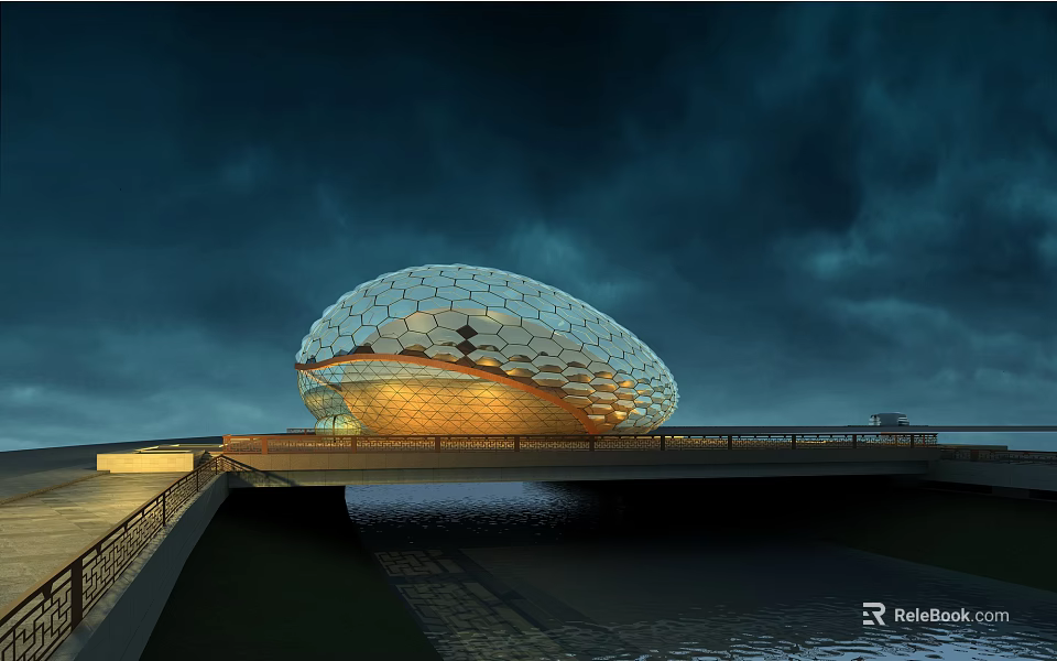 Shell Shaped Modern Building Waterfront Night View With Illuminated Glass Grid Facade 3d model