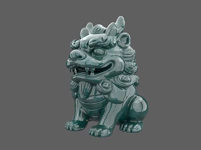 Traditional Green Stone Lion Sculpture With Detailed Decorations And Sitting Posture 3d model