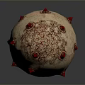 Artistic Egg Shaped Sculpture Carving with Red Spots Spikes and Textured Surface