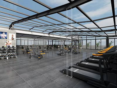 Spacious Bright Fitness Gym With Various Workout Equipment And Glass Roof 3d model