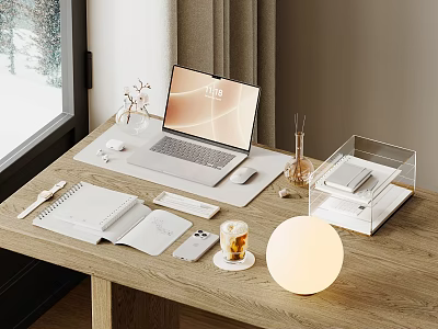 Cozy Workspace Setup With Laptop Notebook And Coffee On Wooden Desk 3d model