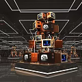 Stacked Vintage Television Sets in Futuristic Metallic Frame Display with Retro Screens and Glowing Lights