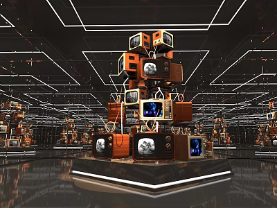 Stacked Vintage Television Sets in Futuristic Metallic Frame Display with Retro Screens and Glowing Lights 3d model