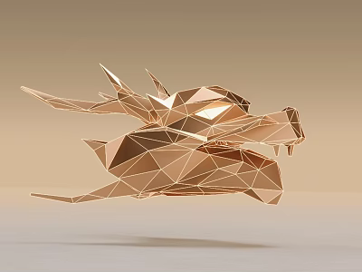 Golden Low Poly Style Dragon Head Sculpture Floating On Light Background 3d model