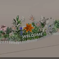 Floral Commercial Display With Welcome Sign Colorful Flowers White Picket Fence And City Skyline Elements