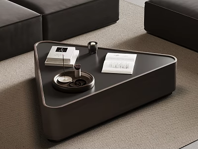 Modern Minimalist Dark Triangular Coffee Table With Books And Aromatherapy Decor In Cozy Living Room 3d model