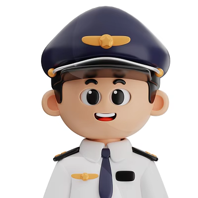 Man in Pilot Uniform With Blue Cap Gold Badge White Shirt And Epaulets 3d model