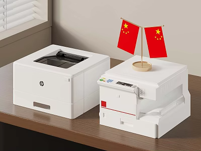 White Printer And Multifunctional Machine With Chinese Flags On Office Tabletop 3d model