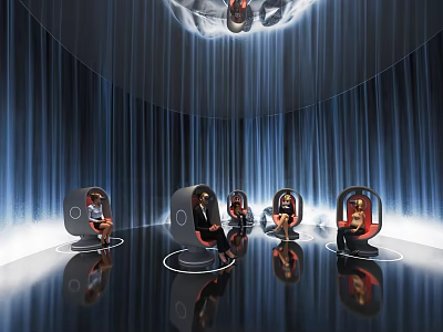 Modern Circular Space With Dark Blue Curtains Seats Ring Lights And People On Reflective Floor 3d model