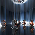 Modern Circular Space With Dark Blue Curtains Seats Ring Lights And People On Reflective Floor