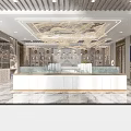 Luxurious Sales Office Interior With Elegant Chandelier Display Counter And Decorative Shelves