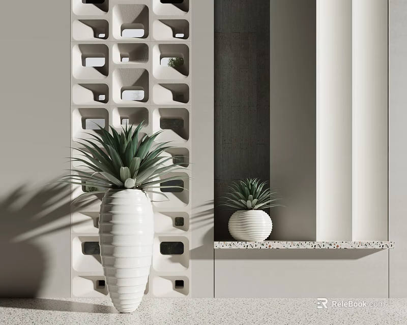 Bonsai Potted Succulent Plants In White Pots On Geometric Decorative Wall Shelf 3d model 